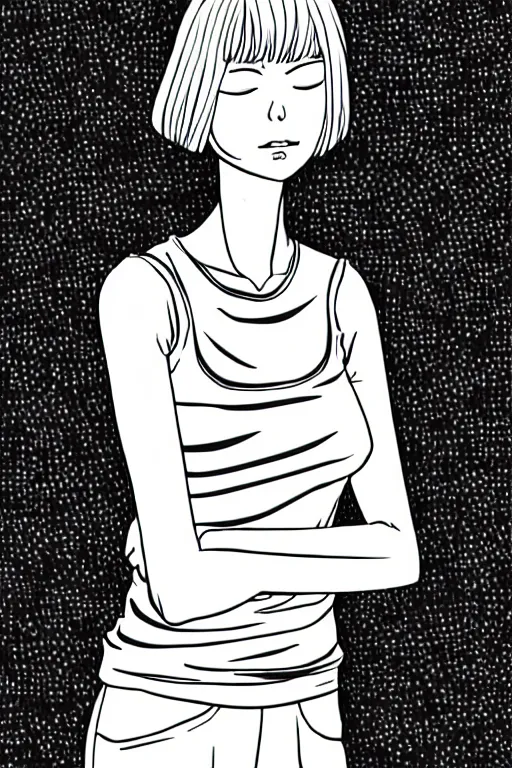 Prompt: portrait of a girl in long pants and a top, hands in pockets, eyes closed, bob haircut, digital art, black and white, lineart by junji ito