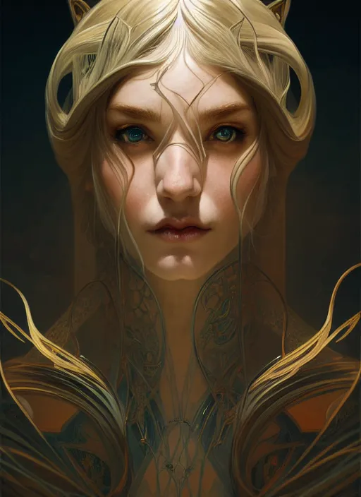 Image similar to symmetry!! portrait of elf, fantasy, intricate, highly detailed, dynamic lighting, digital art, digital painting, artstation, wlop, sharp focus, illustration, art by artgerm and greg rutkowski and alphonse mucha, 8 k