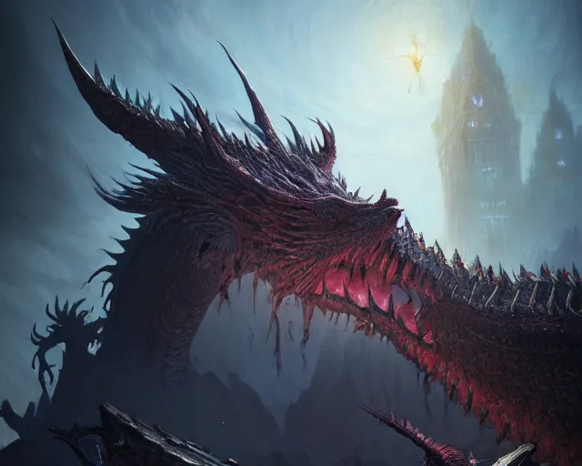 Image similar to highly detailed portrait of a fantasy dragon, in dragon ’ s dogma : dark arisen, stephen bliss, unreal engine, fantasy art by greg rutkowski, loish, rhads, ferdinand knab, makoto shinkai and lois van baarle, ilya kuvshinov, rossdraws, tom bagshaw, global illumination, radiant light, detailed and intricate environment