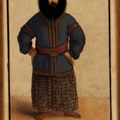 Prompt: middle ages middle eastern colored clothing, middle aged man, dark complexion, well trimmed beard, portrait full body view including the head, rembrandt art style