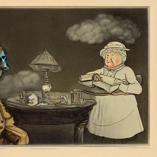 Image similar to candid portrait of white ball with a human face speaking, surrounded by clouds, illustrated by peggy fortnum and beatrix potter and sir john tenniel