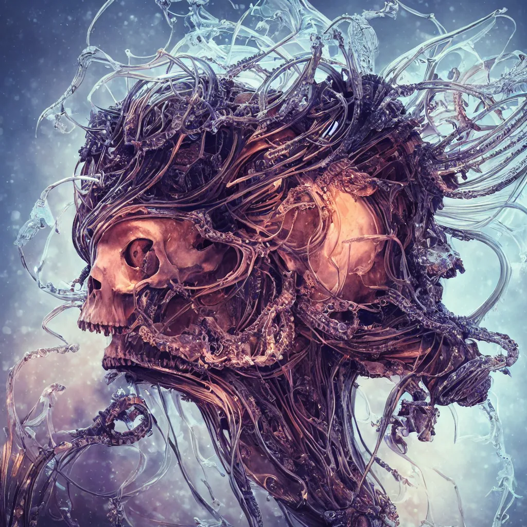 Image similar to close-up macro portrait of the face of a beautiful princess with animal skull mask, epic angle and pose, ribcage bones symmetrical artwork, 3d with depth of field, blurred background, cybernetic jellyfish female face skull phoenix bird, translucent, nautilus, energy flows of water and fire. a highly detailed epic cinematic concept art CG render. made in Maya, Blender and Photoshop, octane render, excellent composition, cinematic dystopian brutalist atmosphere, dynamic dramatic cinematic lighting, aesthetic, very inspirational, arthouse. y Greg Rutkowski, Ilya Kuvshinov, WLOP, Stanley Artgerm Lau, Ruan Jia and Fenghua Zhong