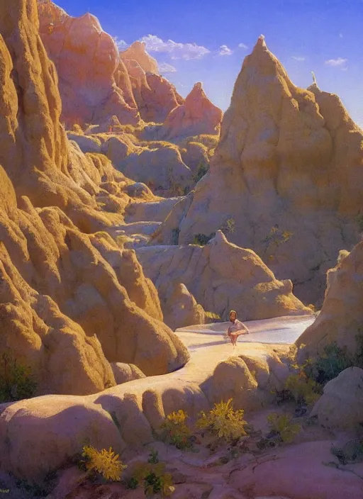 Prompt: badlands hot springs, extremely detailed oil painting, sargent and leyendecker, savrasov levitan polenov, bruce pennington, tim hildebrandt, digital art, landscape painting, trending on artstation, masterpiece