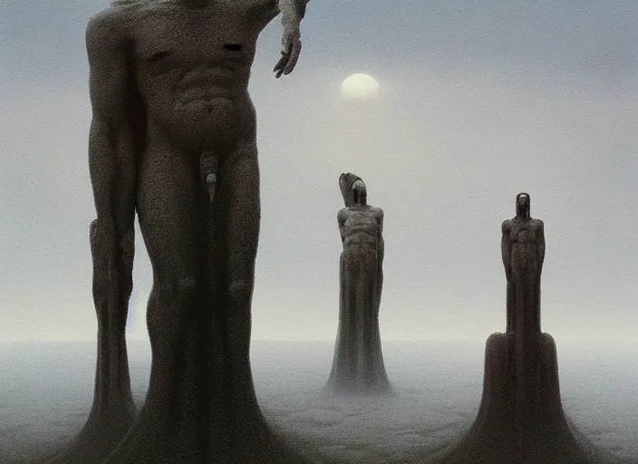 Image similar to painting of omniscient tall statues of gods towering above a hopeless person, by zdzislaw beksinski, by dariusz zawadzki, by wayne barlowe, gothic, surrealism, cosmic horror, lovecraftian, cold hue's, warm tone gradient background, concept art, beautiful composition