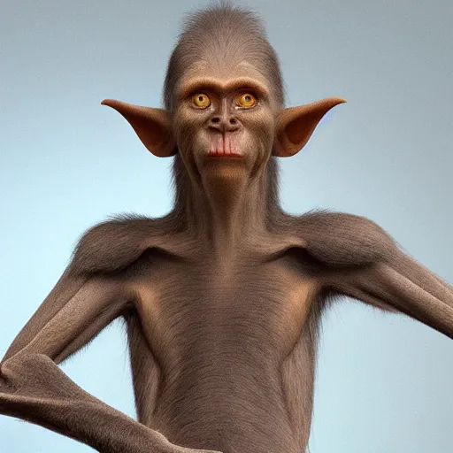 Prompt: fantasy elves descended from gibbons. HD photorealistic render reconstruction from fossil evidence.