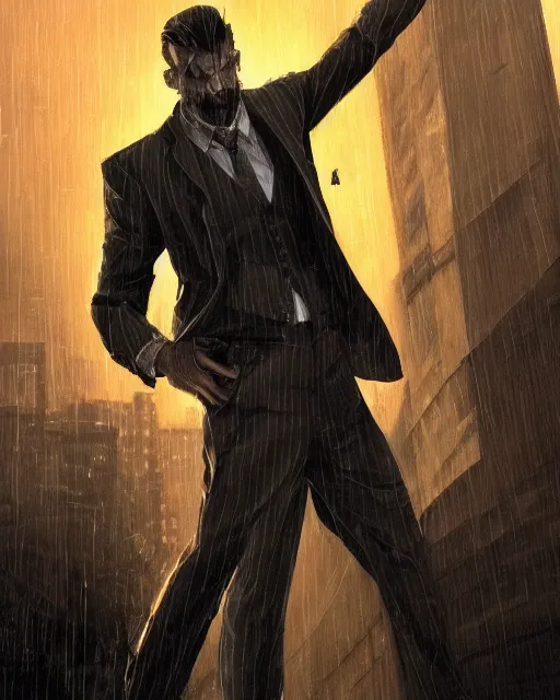 Image similar to a mysterious rugged man in a pinstripe suit holding a pistol in one hand. Pinstripe suit. Raining, street lamps, stormy, atmospheric lighting, mysterious, gloomy. By Makoto Shinkai, Stanley Artgerm Lau, WLOP, Rossdraws, James Jean, Andrei Riabovitchev, Marc Simonetti, krenz cushart, Sakimichan, D&D trending on ArtStation, digital art.