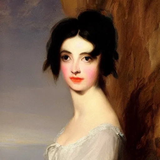 Image similar to Romanticism painting of a young woman with short dark hair painted in 1798 by Sir Thomas Lawrence