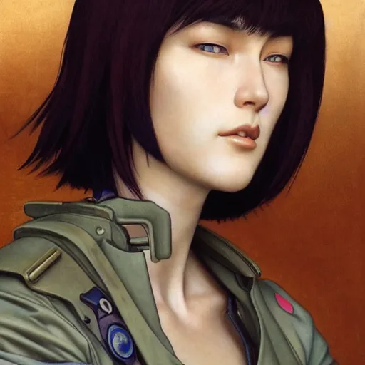 Prompt: Masterpiece head and shoulder portrait of Major Motoko Kusanagi from Ghost in the Shell drawn by Donato Giancola and Tom Bagshaw, face by Artgerm and Edmund Leighton, Alphonse Mucha, background by James Jean and Gustav Klimt, 4k, porcelain skin, komorebi, french nouveau, trending on pixiv, octane render, hyperrealistic