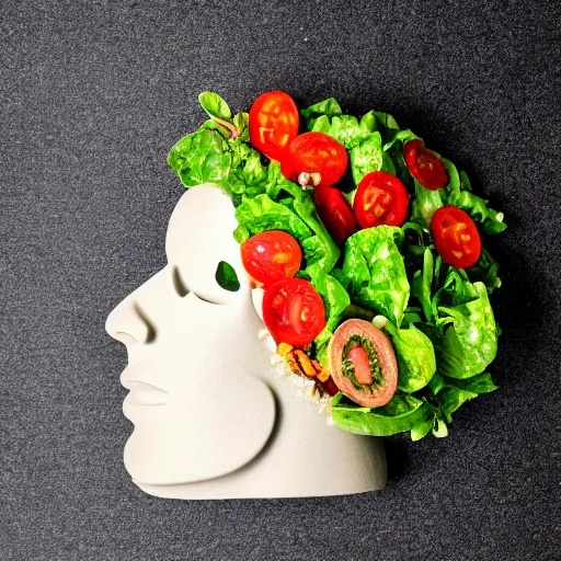 Image similar to head made of salad toppings