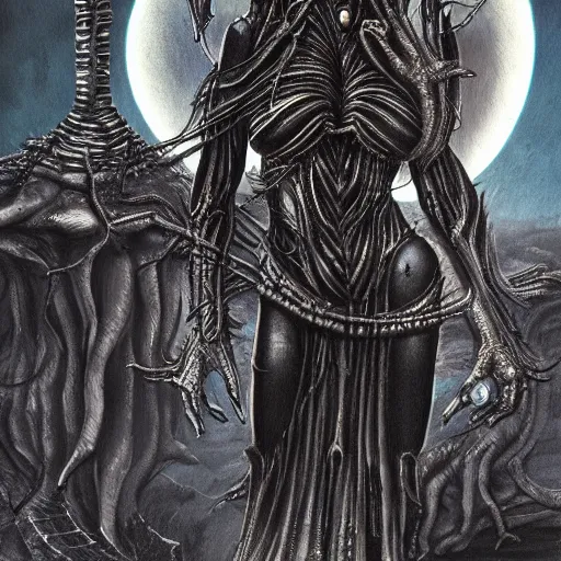 Prompt: illustration of a freaky goddess with a dark moon in the far distance by HR giger, ultradetailed, beautiful, happy, outstanding, trending on artstation, 8k