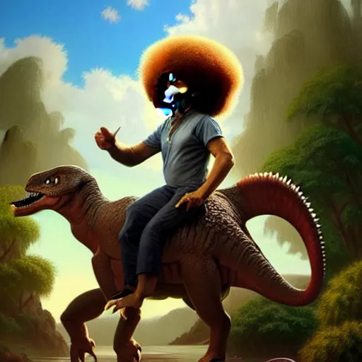 Prompt: bob ross!!! riding!!! a dinosaur!!, giant afro!, model pose, ultra realistic, concept art, intricate details, highly detailed, photorealistic, octane render, 8 k, unreal engine octane render art by artgerm and greg rutkowski and alphonse mucha