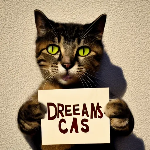 Prompt: realistic high quality photo of a cute cat holding a sign with text that reads : dream caaats, cats, cat