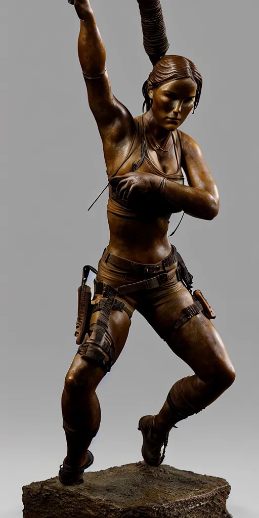 Prompt: detailed studio photo of old bronze patina statue lara croft, full body portrait, various bending poses, photorealism, intricate detail, museum diffuse lighting