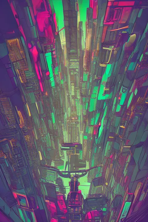 Image similar to astronaut cyberpunk surreal upside down city, neon lights, flat colors, cell shaded by moebius, Jean Giraud, trending on artstation