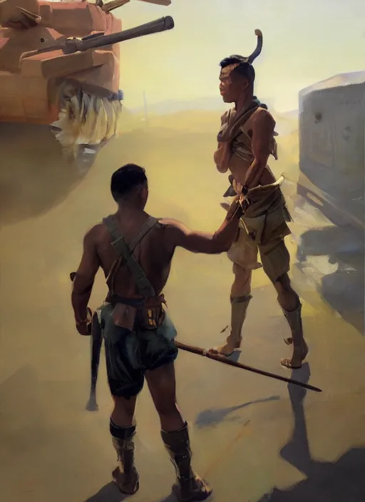 Image similar to greg manchess side portrait of a filipino fighter with a staff standing in front of a tank, organic painting, sunny day, matte painting, bold shapes, hard edges, street art, trending on artstation, by huang guangjian, gil elvgren, ruan jia, randy vargas, greg rutkowski