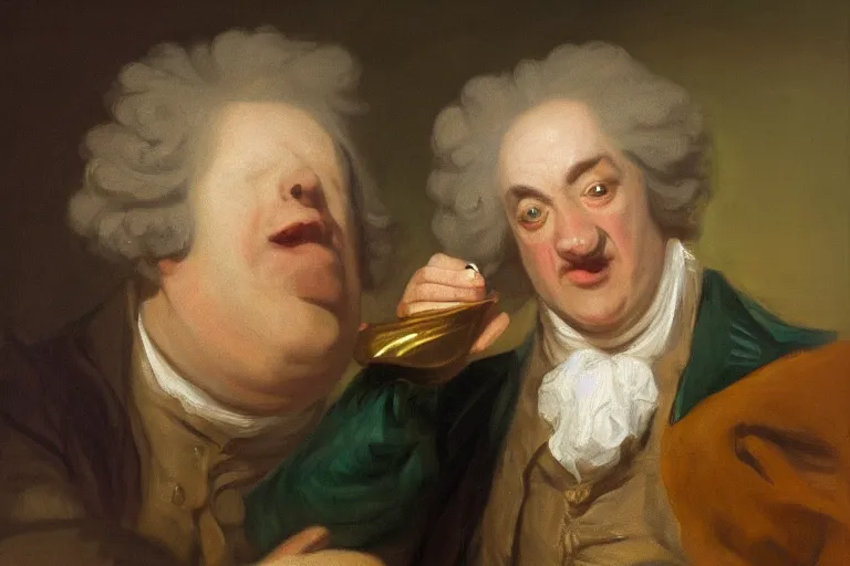 Prompt: Samuel Johnson massive eyes sipping a tiny gold cup, meme, Sir Joshua Reynolds, 1775 oil painting, 8k, photorealistic brush strokes, trending on artstation