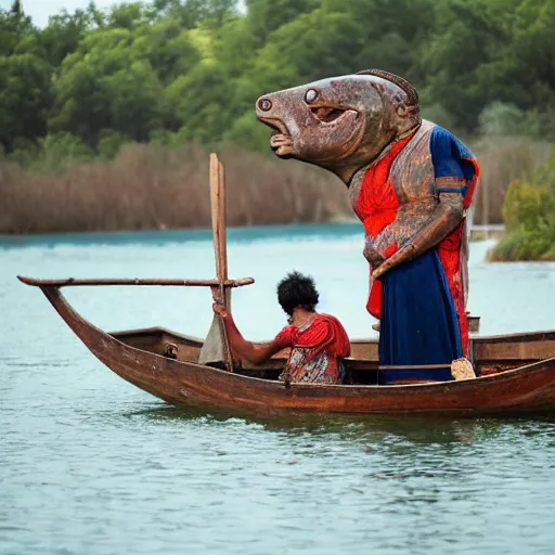 Image similar to giant ancient fish goddess blessing a young man in a boat