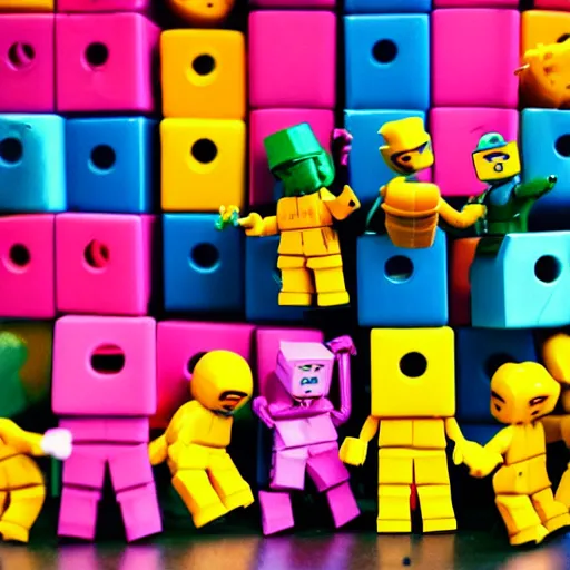 Prompt: 35mm photo of happy roblox figures, bright and fun colors