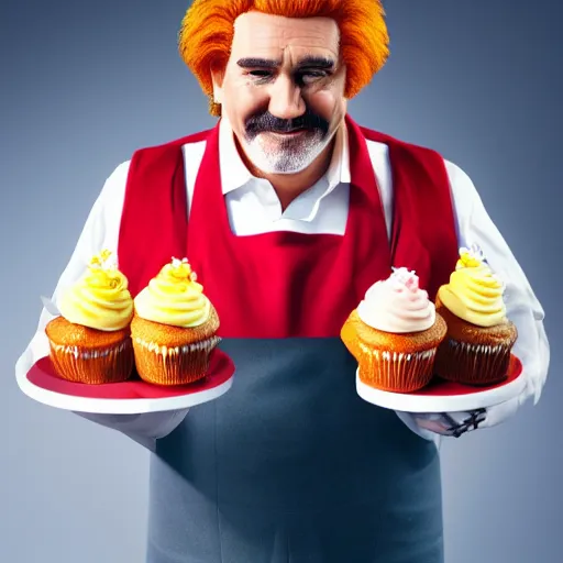 Prompt: Paul Hollywood dressed as Ronald McDonald, holding a plate of small cupcakes, sad expression, octane render, soft lighting, detailed, portrait, 4k resolution