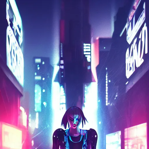 Prompt: high fashion poster clothing design photographic, majiec kuciara, cyberpunk blade runner, volumetric light, floodlight, ambient, street, dark, neon lights, artstation, high contrast, 4 k detailed