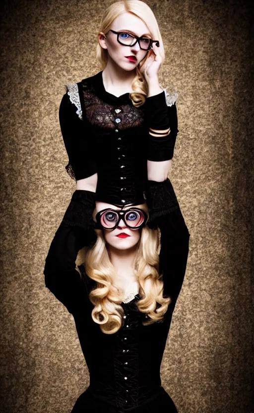 Prompt: blond gorgeous woman, blue eyes, black victorian dress, small round glasses, copper cogs, pipes, lace, hard lighting, spotlight, sunlight, fashion, vogue photoshoot, gothic cathedral, high contrast, low saturation