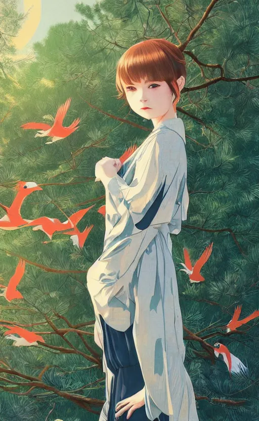 Prompt: girl next to a japanese crane bird in japanese pines, trading card front, kimono, realistic anatomy, concept art, professional, by kuvshinov ilya, stunning, sun in the background