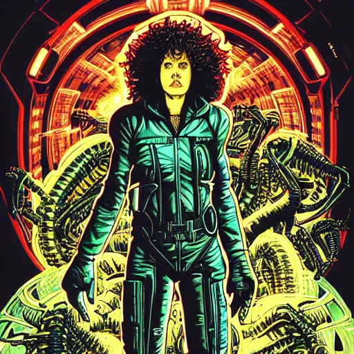 Image similar to portrait of crazy ellen ripley with aliens around, symmetrical, by yoichi hatakenaka, masamune shirow, josan gonzales and dan mumford, ayami kojima, takato yamamoto, barclay shaw, karol bak, yukito kishiro