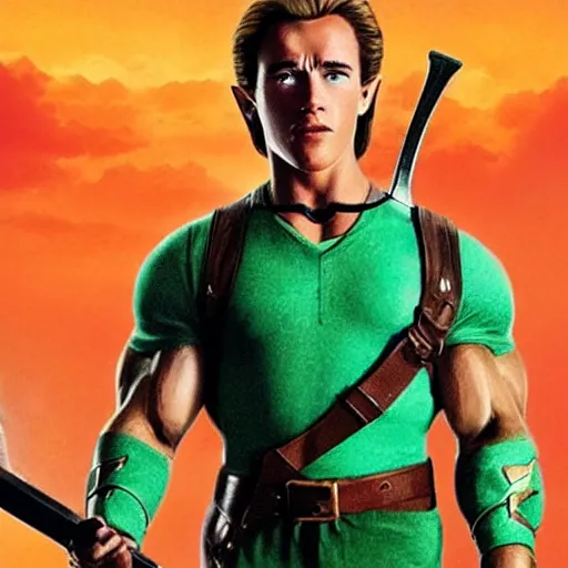 Image similar to cinema poster of a young arnold schwarzenegger holding a sword playing link in the new zelda movie