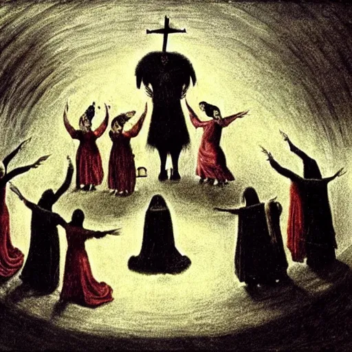 Prompt: ritual spellcasting scene from an avant-garde niche European film, people standing in a circle holding hands and chanting, sabbath of the witches, a clear reference to Goya and Remedios Varo, high-quality, twisted aesthetic