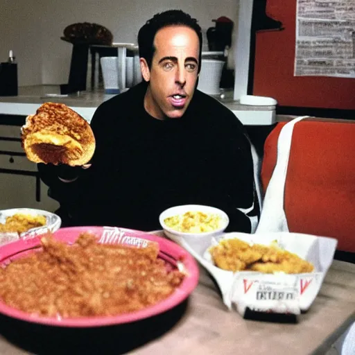 Image similar to Jerry Seinfeld eating a KFC Famous Bowl in a basement at 3AM while listening to Pink Floyd Great gig in the sky