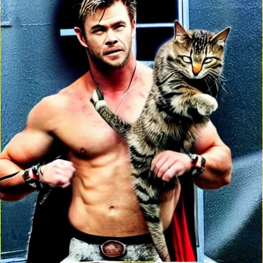 Image similar to chris hemsworth thor fighting cats