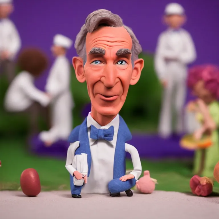 Image similar to a cinematic film still of a claymation stop motion film starring bill nye, shallow depth of field, 8 0 mm, f 1. 8