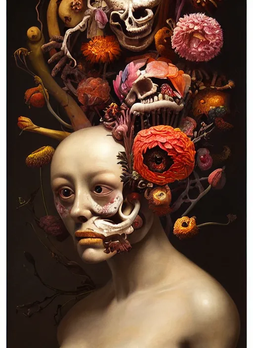 Prompt: strange, looming head, biomorphic painting of a woman with large eyes, flowers and bones, deep rich colours by, rachel ruysch, and charlie immer, highly detailed, emotionally evoking, head in focus, volumetric lighting, oil painting, timeless disturbing masterpiece