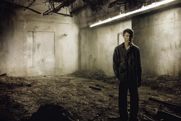 Image similar to a cinematic!! headshot photograph!! of a male, stood in a factory, dirt, film still, cinematic lighting, by bill henson, jeremy mann