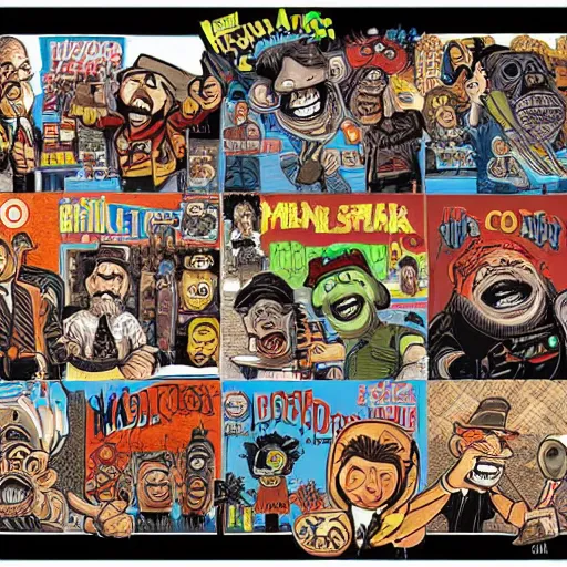 Image similar to mad magazine characters, drawing, illustration, poster, by dan mumford