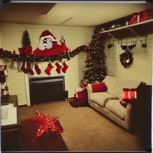 Image similar to polaroid photograph of christmas themed basement