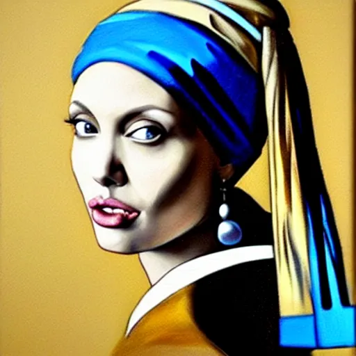 Prompt: a beautiful oil painting of angelina jolie as the girl with a pearl earring