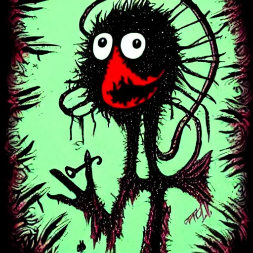 Image similar to dark art cartoon grunge drawing of elmo by tim burton - loony toons style, horror theme, detailed, elegant, intricate, trending on art station