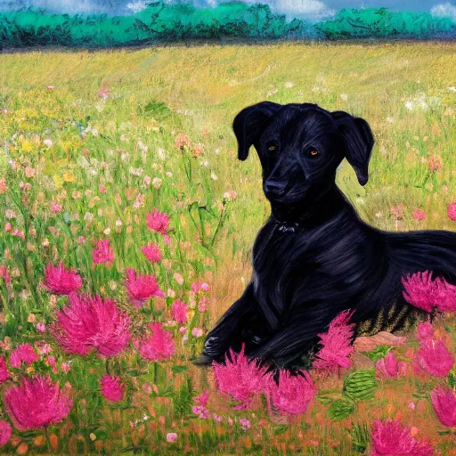 Image similar to a pregnant east african woman with her black puppy in a vast field of flowers, relaxing, wide shot, golden hour, vintage, impressionist painting, fine art, oil painting, dreamy, pastel, laughing, happy, intricate details, sharp, peaceful, serene