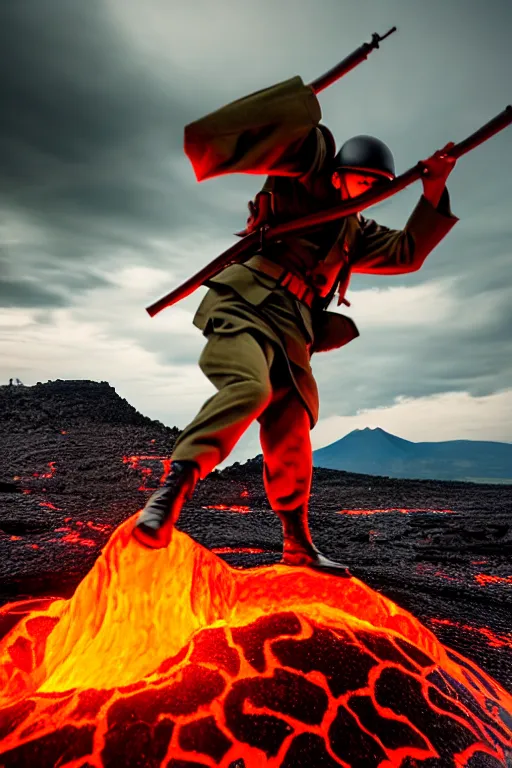 Image similar to japan world war soldier swimming on lava mountain, - photorealistic, smooth, aesthetic lighting, baroque object, pullitzer winning, photo by : canon eos 5 d mark iv, versatile, lens interoperability, autofocus, 4 k uhd video capture at 3 0 fps, 8 k time - lapse functions, by karah mew and adnan abidi