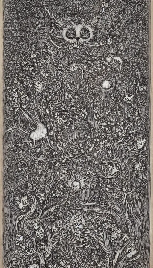 Prompt: The end of an organism, by Louis Wain engraved on a wooden board