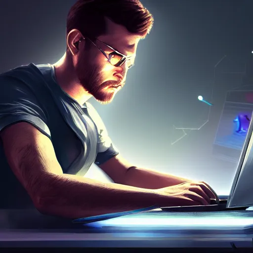 Image similar to realistic man using laptop in gaming room, artstation trends, sci fi concept art, highly detailed, intricate, sharp focus, digital art, 8 k