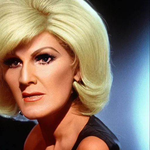 Prompt: An HD photo of a Yautja with Dusty Springfield hair. Predator late 1960s blonde beehive bouffant with long, loose curls. Predator 2 (1990).