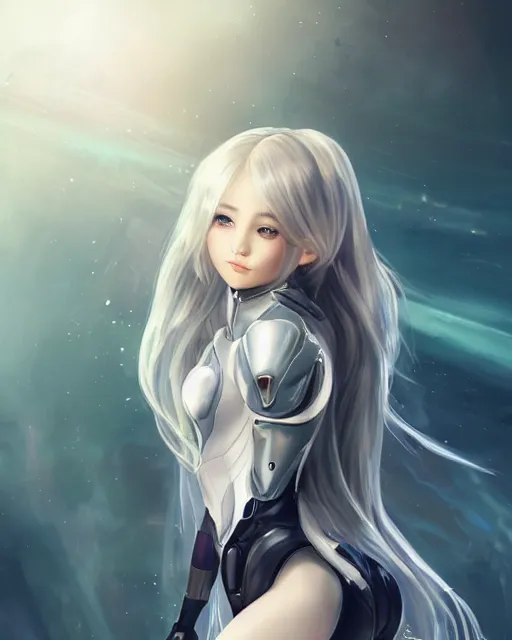 Image similar to perfect android girl family, full body character design, warframe armor, beautiful face, scifi, futuristic, galaxy, nebula, bae suzy, dreamy, long white hair!!!, blue cyborg eyes, sharp focus, cinematic lighting, highly detailed, artstation, divine, by gauthier leblanc, kazuya takahashi, huifeng huang