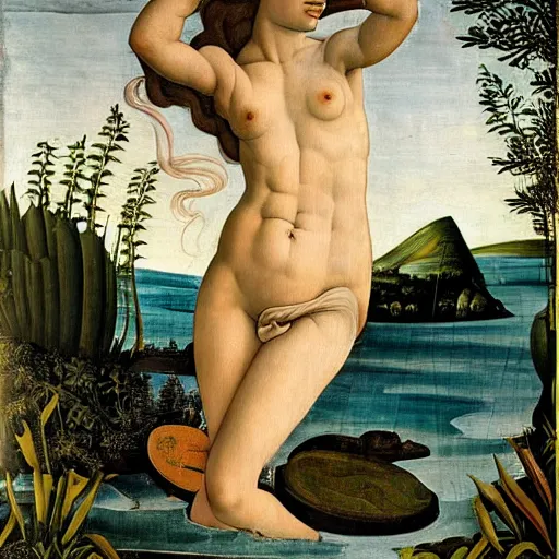 Image similar to sandro botticelli painting of daisy ridley as venus in a lush pond