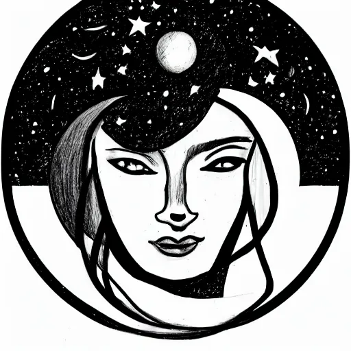 Image similar to a drawing of a woman with half her face, saturn the moon and some stars on top of her head, solid gray colors, black background, line drawing