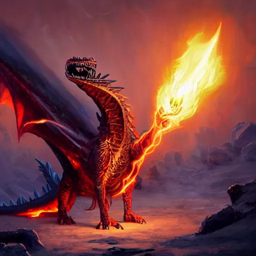 Image similar to A highly detailed, fantasy oil painting by Greg Rutkowski of a sorcerer casting a fireball spell against a huge ancient ice dragon