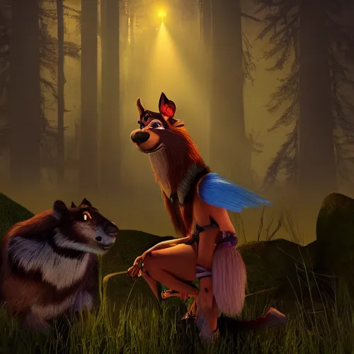 Image similar to medium shot native american with animal companion, in a dark forest, mysterious, backlit, still from a pixar dreamworks movie, trending on artstation