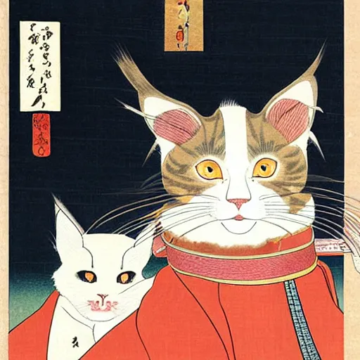 Image similar to beautiful portrait ukiyo - e painting of an ginger maine coon with white beard by kano hideyori, kano tan'yu, kaigetsudo ando, miyagawa choshun, okumura masanobu, kitagawa utamaro