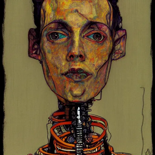 Image similar to portrait of a robot by egon schiele in the style of greg rutkowski